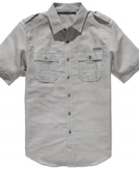 Military styling, at-ease. This Sean John shirt takes some R&R in a breezy linen blend. Military styling, at-ease. This Sean John shirt takes some R&R in a breezy linen blend.