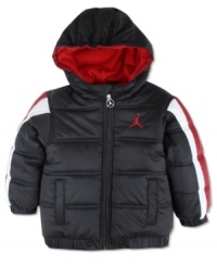 Keep him warm this season with this Jumpman puffer jacket from Nike. Keep him warm this season with this Jumpman puffer jacket from Nike.