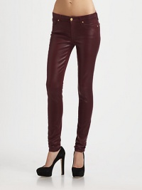 Crafted with fantastic stretch and recovery, these high-shine skinnies have a glossy coating that gives them a supple, leather-like appearance. THE FITMedium rise, about 8Inseam, about 30Leg opening, about 10THE DETAILSZip flyFive-pocket style98% cotton/2% spandexHand washMade in USAModel shown is 5'11 (178cm) wearing US size 4. Crafted with fantastic stretch and recovery, these high-shine skinnies have a glossy coating that gives them a supple, leather-like appearance. THE FITMedium rise, about 8Inseam, about 30Leg opening, about 10THE DETAILSZip flyFive-pocket style98% cotton/2% spandexHand washMade in USAModel shown is 5'11 (178cm) wearing US size 4.