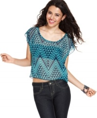 Flaunt sun-kissed skin in this super-sheer, printed top from Belle Du Jour! A lace inset at the back makes this summer piece extra girly! Flaunt sun-kissed skin in this super-sheer, printed top from Belle Du Jour! A lace inset at the back makes this summer piece extra girly!