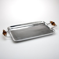 This stylish serving tray features dark amber glass handles and hand-polished metal - perfect for drinks and appetizers. This stylish serving tray features dark amber glass handles and hand-polished metal - perfect for drinks and appetizers.