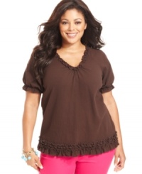 Lend feminine frills to your casual wardrobe with J Jones New York's short sleeve plus size top, finished by ruffles. (Clearance) Lend feminine frills to your casual wardrobe with J Jones New York's short sleeve plus size top, finished by ruffles. (Clearance)