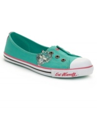 Preppy skimmers get a fierce makeover from Ed Hardy. The Newonce sneakers slip on and feature edgy tattoo-inspired graphics. Preppy skimmers get a fierce makeover from Ed Hardy. The Newonce sneakers slip on and feature edgy tattoo-inspired graphics.