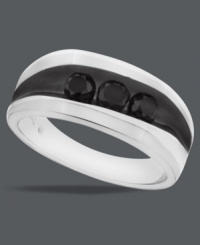 Dare to try diamonds in dramatic shades. This bold men's ring features three, round-cut black diamonds (1 ct. t.w.), a black rhodium stripe and a sterling silver setting. Size 10-1/2. Dare to try diamonds in dramatic shades. This bold men's ring features three, round-cut black diamonds (1 ct. t.w.), a black rhodium stripe and a sterling silver setting. Size 10-1/2.