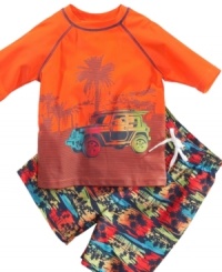 Get him ready for a summer of splashdown fun with this pair of swim shorts from Flapdoodles. Get him ready for a summer of splashdown fun with this pair of swim shorts from Flapdoodles.