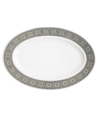 Anything but square, the Nixon platter from Jonathan Adler's collection of serveware and serving dishes shapes things up with a fantastic geo print in gray, white and dazzling platinum. Anything but square, the Nixon platter from Jonathan Adler's collection of serveware and serving dishes shapes things up with a fantastic geo print in gray, white and dazzling platinum.