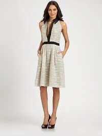 Textural tweed, tailored with a plunging V neckline trimmed in organza.Sheer contrast shirt collarPlunging V neckline with contrast trimBanded waistSide slash pocketsConcealed side zipFully linedAbout 23 from natural waistShell; 68% cotton/32% nylonTrim; silkLining; acetateDry cleanImportedModel shown is 5'10½ (179cm) wearing US size 4. Textural tweed, tailored with a plunging V neckline trimmed in organza.Sheer contrast shirt collarPlunging V neckline with contrast trimBanded waistSide slash pocketsConcealed side zipFully linedAbout 23 from natural waistShell; 68% cotton/32% nylonTrim; silkLining; acetateDry cleanImportedModel shown is 5'10½ (179cm) wearing US size 4.