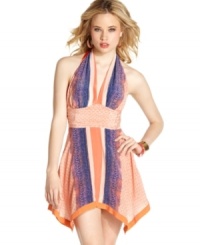 A lively print adds maximum color to this sweet yet vixenish halter dress from GUESS? -- a hot style for blazing days! A lively print adds maximum color to this sweet yet vixenish halter dress from GUESS? -- a hot style for blazing days!