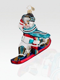 Cut from European glass that's hand-painted and dusted in glitter, Frosty reaches high speeds while snowboarding in the North Pole. Hand-blownHand-painted4½ tallMade in Poland Cut from European glass that's hand-painted and dusted in glitter, Frosty reaches high speeds while snowboarding in the North Pole. Hand-blownHand-painted4½ tallMade in Poland