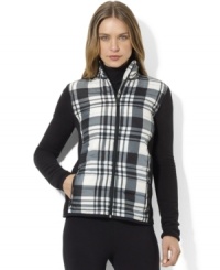 Lauren Ralph Lauren's vibrant Southwestern-inspired pattern enlivens a soft fleece jacket, creating a bold topper for chilly days. Lauren Ralph Lauren's vibrant Southwestern-inspired pattern enlivens a soft fleece jacket, creating a bold topper for chilly days.