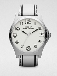 A sleek stainless steel case with a whimsical, printed leather strap. Quartz movementWater resistant to 5 ATMRound stainless steel case, 43mm (1.7)Logo engraved bezelWhite dialNumeric hour markersSecond hand Printed white leather strapImported A sleek stainless steel case with a whimsical, printed leather strap. Quartz movementWater resistant to 5 ATMRound stainless steel case, 43mm (1.7)Logo engraved bezelWhite dialNumeric hour markersSecond hand Printed white leather strapImported