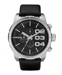 If bigger is better, this black-on-black watch by Diesel is the best. Black leather strap and oversized round stainless steel case, 58x52mm. Black chronograph dial features silver tone numerals, stick indices, minute track, three subdials, luminous hands and logo. Quartz movement. Water resistant to 50 meters. Two-year limited warranty.