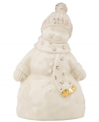 Festive and functional, this Lenox snowman figurine doubles as a sound recorder. Ivory glazed porcelain with gold glitter and trim conceals a mechanism to preserve your most boisterous holiday moments. Festive and functional, this Lenox snowman figurine doubles as a sound recorder. Ivory glazed porcelain with gold glitter and trim conceals a mechanism to preserve your most boisterous holiday moments.