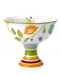 Featuring multicolored blooms on a pedestal of stripes, the Floral Stripe footed bowl from Clay Art accents tables with a double dose of color and style, all in dishwasher-safe earthenware. (Clearance) Featuring multicolored blooms on a pedestal of stripes, the Floral Stripe footed bowl from Clay Art accents tables with a double dose of color and style, all in dishwasher-safe earthenware. (Clearance)