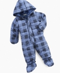 He'll have fun fun fun in the snow creating snow angles in this lively plaid and warm snowsuit by First Impressions. He'll have fun fun fun in the snow creating snow angles in this lively plaid and warm snowsuit by First Impressions.