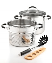 The key to pasta control. Equip your kitchen to make healthier, portion-controlled servings with this pasta steamer set, which features a stainless steel saucepot with convenient interior measuring marks for easily whipping up Weight Watchers recipes right at home. The included wooden measuring tool makes decisions easy by telling you exactly how much pasta to prep. Lifetime warranty. The key to pasta control. Equip your kitchen to make healthier, portion-controlled servings with this pasta steamer set, which features a stainless steel saucepot with convenient interior measuring marks for easily whipping up Weight Watchers recipes right at home. The included wooden measuring tool makes decisions easy by telling you exactly how much pasta to prep. Lifetime warranty.