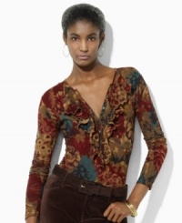 Soft jersey ruffles lend a chic complement to the neckline of Lauren Ralph Lauren's classic petite cotton henley. Soft jersey ruffles lend a chic complement to the neckline of Lauren Ralph Lauren's classic petite cotton henley.
