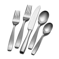 Satin Martine flatware pattern has an elegant curved silhouette and brushed stainless steel finish. Assortment includes 8 place settings, 5 serving pieces and 8 extra teaspoons. Satin Martine flatware pattern has an elegant curved silhouette and brushed stainless steel finish. Assortment includes 8 place settings, 5 serving pieces and 8 extra teaspoons.