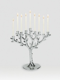 Warm any room or holiday table with the meaningful imagery of renewal, hope, sustenance and love, beautifully depicted in a nickel-plated menorah created by one of American's premier metalwork artists. From the Tree of Life Collection11¾ highImported Warm any room or holiday table with the meaningful imagery of renewal, hope, sustenance and love, beautifully depicted in a nickel-plated menorah created by one of American's premier metalwork artists. From the Tree of Life Collection11¾ highImported