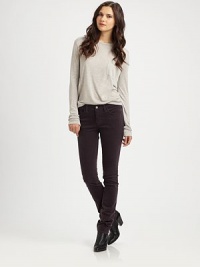 Cotton-rich skinnies in a low-rise silhouette with a textured corduroy finish and dose of stretch.THE FITLow rise, about 7½Inseam, about 29THE DETAILSZip flyFour-pocket style98% cotton/2% spandexMachine washMade in USA of imported fabricModel shown is 5'10 (177cm) wearing US size 4. Cotton-rich skinnies in a low-rise silhouette with a textured corduroy finish and dose of stretch.THE FITLow rise, about 7½Inseam, about 29THE DETAILSZip flyFour-pocket style98% cotton/2% spandexMachine washMade in USA of imported fabricModel shown is 5'10 (177cm) wearing US size 4.