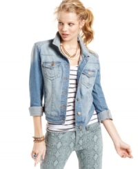 Designed in a splotchy fade, this street-chic layer from Tinseltown comes equipped with the cool style of your favorite worn-in denim jacket. Designed in a splotchy fade, this street-chic layer from Tinseltown comes equipped with the cool style of your favorite worn-in denim jacket.