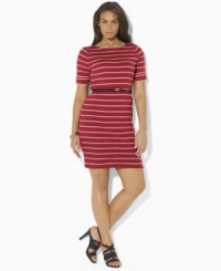 Slim sailor stripes and anchor-embossed buttons give a seafaring spirit to Lauren by Ralph Lauren's fine-ribbed cotton plus size dress, accented with rope belt at the waist for a chic finishing touch. Slim sailor stripes and anchor-embossed buttons give a seafaring spirit to Lauren by Ralph Lauren's fine-ribbed cotton plus size dress, accented with rope belt at the waist for a chic finishing touch.