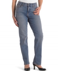 A slimming tummy panel and stretch fabric make these straight-leg light wash petite Levi's jeans superbly flattering! A slimming tummy panel and stretch fabric make these straight-leg light wash petite Levi's jeans superbly flattering!
