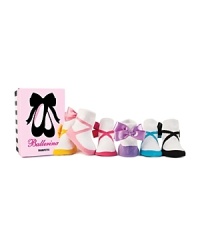 Six pairs of brightly colored socks, designed to look like ballerina slippers, detailed with a real satin bow on back. Packaged in its own keepsake box, this makes a perfect, practical and fun baby gift. Six pairs of brightly colored socks, designed to look like ballerina slippers, detailed with a real satin bow on back. Packaged in its own keepsake box, this makes a perfect, practical and fun baby gift.