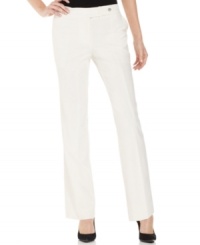 A white colorway updates classic tab front trousers from Calvin Klein for a minimalist-chic look that brightens up the work week. A white colorway updates classic tab front trousers from Calvin Klein for a minimalist-chic look that brightens up the work week.
