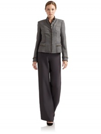 THE LOOKMulticolored dot textureMandarin collarConcealed front buttonsPiping detailsLong sleeves with fringe detailsFringed edges and pocketsDual patch pocketsTHE FITAbout 37 from shoulder to hemTHE MATERIALVirgin wool/elastaneFully linedCARE & ORIGINDry cleanMade in ItalyModel shown is 5'9 (175cm) wearing US size 4. THE LOOKMulticolored dot textureMandarin collarConcealed front buttonsPiping detailsLong sleeves with fringe detailsFringed edges and pocketsDual patch pocketsTHE FITAbout 37 from shoulder to hemTHE MATERIALVirgin wool/elastaneFully linedCARE & ORIGINDry cleanMade in ItalyModel shown is 5'9 (175cm) wearing US size 4.