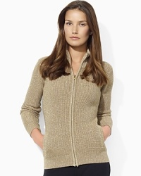 A classic mockneck cardigan receives a shimmering update from a luxe intertwining of cotton and Lurex®. A classic mockneck cardigan receives a shimmering update from a luxe intertwining of cotton and Lurex®.