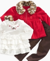 She'll be riding in style-and comfort-with this shirt, faux-fur trimmed jacket and pant set from Nannette. She'll be riding in style-and comfort-with this shirt, faux-fur trimmed jacket and pant set from Nannette.