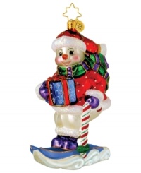 Extremely cheerful conditions on the slope turn this sporty snowman into a star. He careens down the mountain in style, dressed in head-to-toe glitter with candy cane poles and classic Christopher Radko style. Extremely cheerful conditions on the slope turn this sporty snowman into a star. He careens down the mountain in style, dressed in head-to-toe glitter with candy cane poles and classic Christopher Radko style.