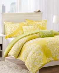Perfect harmony. A bright yellow hue and exotic floral design become the focal point of your room in this Harmony comforter set for an inspired new look. Reverses to solid green. Perfect harmony. A bright yellow hue and exotic floral design become the focal point of your room in this Harmony comforter set for an inspired new look. Reverses to solid green.
