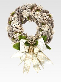 This glorious holiday accent combines natural pinecones, finials, acorns, ceramic flowers and signature ribbons with a golden stag as the centerpiece.Handmade and hand-paintedPinecones, ceramic and ribbons16 diam. X 6WImported Please note: Due to their handmade nature, wreaths may vary slightly. This glorious holiday accent combines natural pinecones, finials, acorns, ceramic flowers and signature ribbons with a golden stag as the centerpiece.Handmade and hand-paintedPinecones, ceramic and ribbons16 diam. X 6WImported Please note: Due to their handmade nature, wreaths may vary slightly.