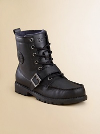 Rugged leather lace-ups with buckled strap and durable rubber soles.Lace-up frontFunctional buckled strapLeather liningPadded insoleRubber soleImported Rugged leather lace-ups with buckled strap and durable rubber soles.Lace-up frontFunctional buckled strapLeather liningPadded insoleRubber soleImported