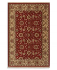 This Karastan rug takes classic elements from the Orient and updates them in an American palette, featuring a lush vine and palmette border pattern against a vivid red ground. Made from 100% premium worsted 3-ply wool for a soft hand and long-lasting wear. This Karastan rug takes classic elements from the Orient and updates them in an American palette, featuring a lush vine and palmette border pattern against a vivid red ground. Made from 100% premium worsted 3-ply wool for a soft hand and long-lasting wear.