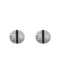 Perfect your look with playful studs by Swarovski. Earrings feature a unique ball design coated with clear crystals and a strip of jet black crystals. Set in silver tone mixed metal. Approximate diameter: 1/2 inch.