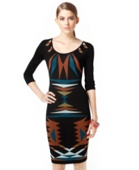 With an aztec-inspired geometric print, this Bar III sheath dress is pairs perfectly with tights and boots for a sleek fall look!