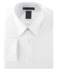 Great with a suit or on its own, this sleek dress shirt is slim fit for a slimmer silhouette. Great with a suit or on its own, this sleek dress shirt is slim fit for a slimmer silhouette.