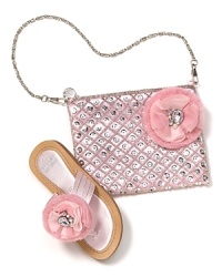 This fabulous set from Stuart Weitzman puts your little fashionista on a stylish path. The sandle is topped with a rhinestone rosette, cutely complementing the super shiny purse. This fabulous set from Stuart Weitzman puts your little fashionista on a stylish path. The sandle is topped with a rhinestone rosette, cutely complementing the super shiny purse.