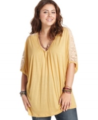 Lace lends an on-trend finish to Eyeshadow's three-quarter-sleeve plus size top-- complete the look with your fave jeans! Lace lends an on-trend finish to Eyeshadow's three-quarter-sleeve plus size top-- complete the look with your fave jeans!