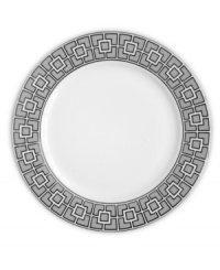 Anything but square, the Nixon dessert plates from Jonathan Adler shape things up with a fantastic geometric print in gray, white and dazzling platinum. Anything but square, the Nixon dessert plates from Jonathan Adler shape things up with a fantastic geometric print in gray, white and dazzling platinum.