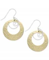 The perfect shimmering mix. Jody Coyote's pretty drop earrings features open-cut circles of gold-colored bronze patina, set in sterling silver with a swirling silver accent. Approximate drop: 1-1/2 inches.