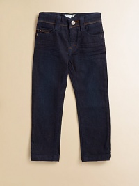 Classic jeans with a classy attitude, in a slim fit with little MJ touches.Waistband with inside adjustable tabs, button close and belt loopsZip flyFront scoop pockets and coin pocket with rivetsFront whiskeringBack patch pockets, one with contrast topstitchingLogo patch at back waistSlim fit99% cotton/1% elastaneMachine washImported Classic jeans with a classy attitude, in a slim fit with little MJ touches.Waistband with inside adjustable tabs, button close and belt loopsZip flyFront scoop pockets and coin pocket with rivetsFront whiskeringBack patch pockets, one with contrast topstitchingLogo patch at back waistSlim fit99% cotton/1% elastaneMachine washImported