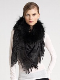 Wool/silk GG pattern shawl with fox fur trim. About 45¼ X 49¼ Fox fur 70% wool/30% silk; dry clean Made in Italy Fur origin: Finland 