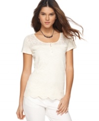 A classic cotton tee gets revamped with lace to create a girly essential for spring, from Lucky Brand Jeans. A classic cotton tee gets revamped with lace to create a girly essential for spring, from Lucky Brand Jeans.