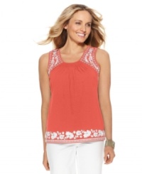 Add a handcrafted touch to your wardrobe with this Charter Club top, rendered from breezy cotton and featuring embroidered accents. Add a handcrafted touch to your wardrobe with this Charter Club top, rendered from breezy cotton and featuring embroidered accents.