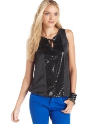 Add sparkle to your wardrobe in this petite sequin tank top from DKNY Jeans. It looks fantastic with the season's colored jeans! Add sparkle to your wardrobe in this petite sequin tank top from DKNY Jeans. It looks fantastic with the season's colored jeans!