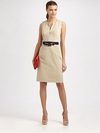 Impeccably tailored sheath has a contrasting, ring-embellished waistband and back vent for extra mobility. V-neckSleevelessRing-trim waistbandBack zipperBack ventAbout 23 from natural waist96% cotton/4% elastaneDry cleanMade in USA of Italian fabricModel shown is 5'9½ (176cm) wearing US size 2. Impeccably tailored sheath has a contrasting, ring-embellished waistband and back vent for extra mobility. V-neckSleevelessRing-trim waistbandBack zipperBack ventAbout 23 from natural waist96% cotton/4% elastaneDry cleanMade in USA of Italian fabricModel shown is 5'9½ (176cm) wearing US size 2.